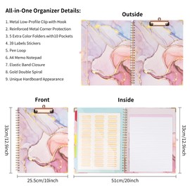 Pechor Clipboard Folio with Refillable Notepad Spiral A4 Clipboards, 5 Extra Folders with 10 Pockets, File Folder Labels, Pen Loop Series (Pink Marble)
