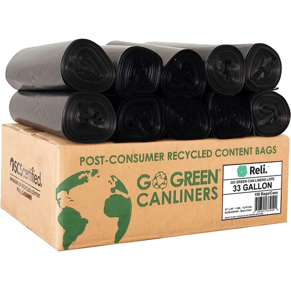 Reli. Eco-Friendly 33 Gallon Trash Bags (150 Count Black) Recyclable Garbage Bags 33 Gallon - Made in USA / Made from Recycled Material - Black 30 Gallon - 35 Gal Large Capacity (30 Gal - 35 Gal)