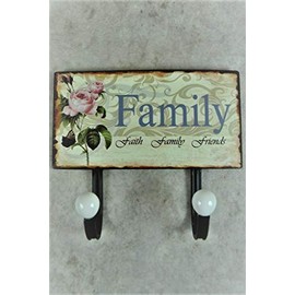 Coat Hooks Family- Metal Plaque With Coat Hooks - Faith Family Friends - Cream And Brown With Vintage Rose Design