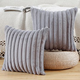 MADIZZ Set of 2 Faux Fur Plush Decorative Throw Pillow Covers 22x22 Inch Grey Fluffy Striped Soft Decorative Cushion Cover for Sofa Bedroom Pillow Shell