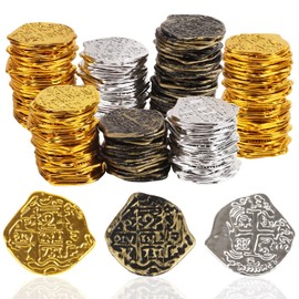 LOMIMOS 100 Pcs Plastic Pirate Coins,Spanish Doubloon Replicas Treasure Chest Fake Metal Pirate Coins for Kids Board Games Pirate Party Halloween Cosplay Party Favors Trick or Treat Supplies