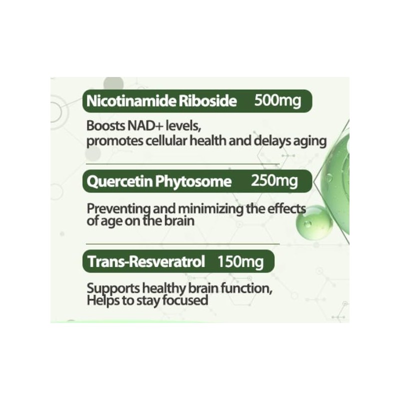 Suplemento NAD 100 capsulas Resveratrol Quecertin Energía y Vitalidad