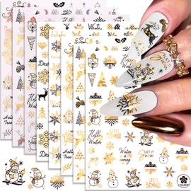 Christmas Nail Art Stickers, Snowflake Nail Decals 3D Self-Adhesive Gold Silver Black Snowflake Elk Snowmen Xmas Tree Winter Nail Design DIY Christmas Nail Decoration for Women Girls(8Sheets)