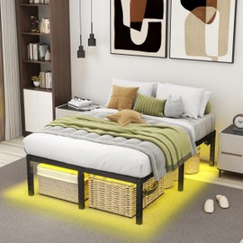 HusDream Full Size Bed Frame 18" Full Bed Frame LED Lights Metal Beds with Storage Black Platform Bed Frame Full Size,Stable Mattress Foundation,No Box Spring Needed (18 Inch, Full)