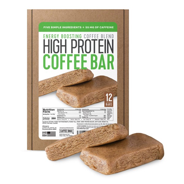 Protein Coffee Energy Bar, Made with Five Simple Ingredients, All Natural, Gluten Free, Non GMO & 16g of Protein, Made with Real Coffee (55mg Caffeine per bar), 12 Bars (Peanut Butter)