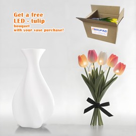 White Ceramic vase, 7.87 inches Tall, Comes with a Bouquet of Glowing Tulip Artificial Flowers, White vases for Flowers, vases for centerpieces, Ceramic Bud vase, Coffee Table Decor