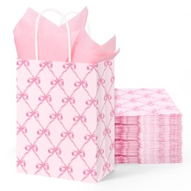 FYSUIMU 16 Pcs Pink Bow Paper Gift Bags Coquette Bowknot Plaid Party Favor Bags with Handle Goodie Candy Treat Bag with Tissue Paper for Birthday Baby Shower Bachelorette
