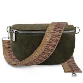 ARTVALL - Shoulder Bag Suede Bag Handbag Velour Bum Bag Small with Shoulder Strap Design Bag Strap Removable Adjustable Strap Crossbody Bag Genuine Leather Bag Women with Zip, Dark green (lines brown)