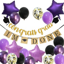 Purple Graduation Decorations – 2024 Lavender Grad Party Balloons Supplies with Black Gold Congrats Banner Decor (Black + Lavender + Purple)