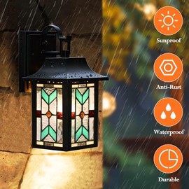 HomeBeauty WL0009 Tiffany Style Outdoor Light Fixutres Stained Glass Wall Sconce Exterior Waterproof Wall Lantern Light for Balcony Aisle Hallway W 7X D 6 x H 12 Inches, Bulb Included (Chrolume)