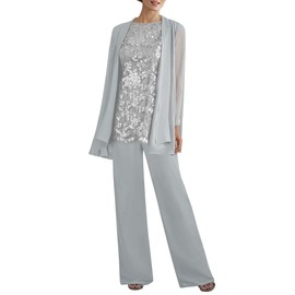 Women's 3PC Lace Pants Suits Mother of Bride Dressy Elegant Sets Wedding Formal Outfit Light Grey