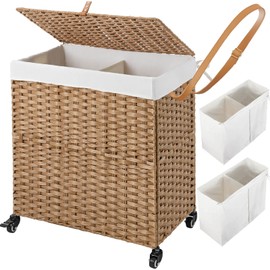 Greenstell Laundry Hamper with Wheels, No Install Needed, 110L Divided Handwoven Hampers & 2 Removable Liner Bags, Synthetic Rattan Clothes Laundry Basket with Lid & Handles, Foldable Hampers Natural