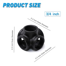 3/4" Black 5-Way Side Outlet Tee, Home TZH 4-Pack 5-Way Corner Black Malleable Cast Iron Pipe Fitting for Industrial Pipe, Furniture and DIY Decoration (4, Black 3/4 Inch)