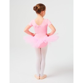 Tanzmuster Children’s Ballet Tutu "Nele" - cute short sleeve ballet leotard with tutu skirt and rhinestones in pink and white., pink, 140/146