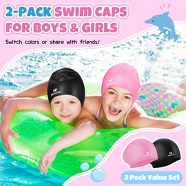 2 Pack Kids Swim Cap for Girls Boys, 2 Size Silicone Swimming Cap for Age 3-15 Toddlers Children Teens, Waterproof Swim Hats Bathing Caps for Long Hair Short Hair to Keep Hair Dry-04