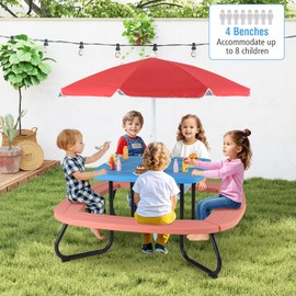 CHEFJOY 8 Person Kids Picnic Table, Kids Outdoor Table and Chairs Set with Removable Umbrella, 4 Built-in Benches, HDPE Top & Metal Frame, Kids Outdoor Table for Patio, Garden, Backyard (Blue+Red)