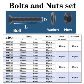 huruirui Flat Head Hex Socket Screws Kit M3 M4 M5 M6 Black Nuts and Screws Washers Assorted Set, Thread Machine Hex Screws Closure Kit 500 Pieces