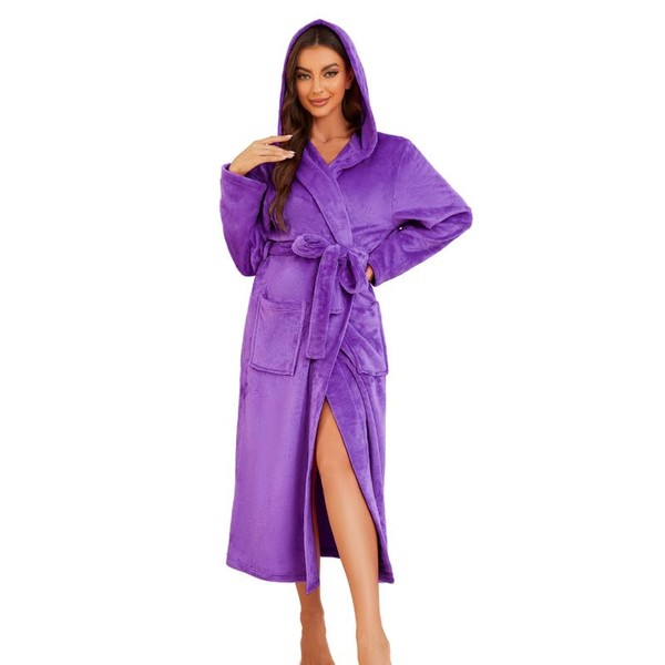 EK4YDNDS Womens Long Hooded Fleece Robe, Soft Warm Spa Bathrobe