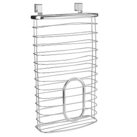 YBM Home Plastic Bags Container and Dispenser for Grocery Bags, Metal Over the Cabinet Door Storage Bags Holder Organizer Holds Up to 50 Plastic Shopping Bags, Silver