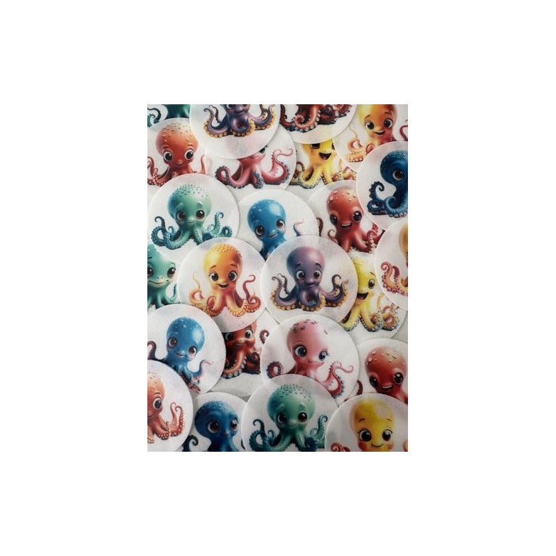 Cute Octopus Pre-cut Wafer Cupcake Toppers, Round Edible Decorations, Assorted