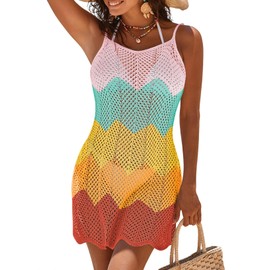 Pink Queen Fashion Colorful Beach Coverups for Women Summer Outfits Spaghetti Straps Mesh Knit Holiday Crochet Bathing Suits Cover Up Pool Party Yellow Orange M