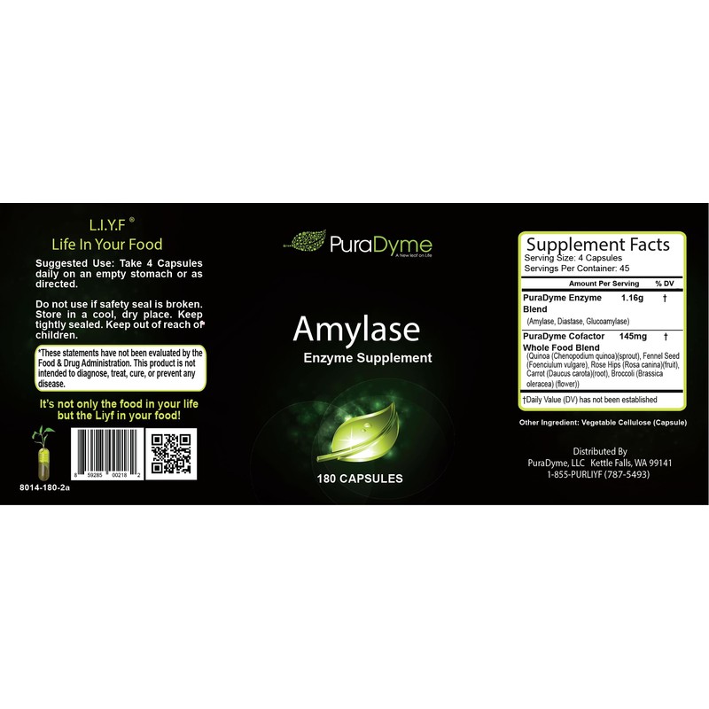 PuraDyme Amylase, 180 Capsules