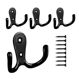 Lansonee 4 Pcs Double Prong Robe Hooks, Dual Coat Hooks Wall Mounted Hanging Clothes for Bathroom Bedroom Door Wall Retro Metal Cloth Hanger Double Coat Hooks with 8 Screws (Black)