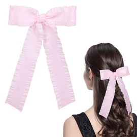 Light Pink Ruffle Ribbon Hair Bow Clips with Long Tail for Women Girls Big Stylish Satin Ponytail Holder Decor Accessories Slides Metal Clips Hair Bow for Any Occasion 5.5in