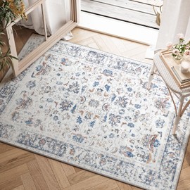TOPICK Machine Washable Doormat 60x90cm Indoor Entryway Entrance Mat Vintage Grey Multi Floral Print Carpet Anti Slip Floor Foldable Thin Rug Kitchen Bathroom Living Room Bedroom