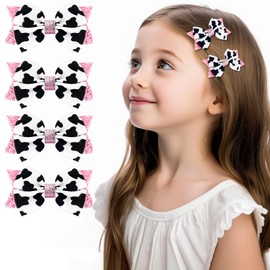 EYEOO 4Pcs Hair Bow Clips Cute Cow Print Hair Accessories for Women Girls Cow Print Birthday Party Ribbon Hair Decoration Gift Cowgirl Princess Cow Hair Barrettes for Little Kids Teens