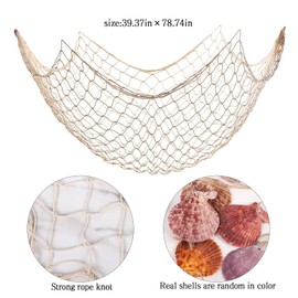 Fish Net Wall Decor with Shells - Fishing Net Decorative Nautical Mediterranean Style Cotton Photo Hanging Display Frame for Christmas Birthday Party Decorations Ornaments 79 x 40 Inch
