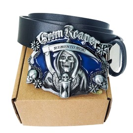 DIANKUZHAN Men's Leather Belt Grim Reaper Skull Plaque Casual Cowboy Buckle Men with removable buckle Perfect Fit Waist Size up to 50 inches