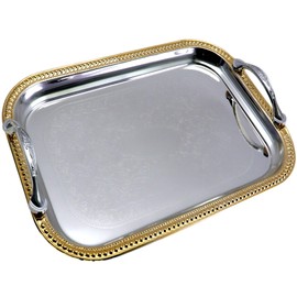 MARO MEGASTORE 13.8 inch x 9.4 inch Oblong Chrome Plated Mirror Silver Serving Tray with Handles Stylish Design Floral Engraved Iron Gold Edge Decorative Party Birthday Buffet Platter Plate FST-023