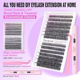 Pawotence Lash Extension Kit DIY 280pcs Lash Clusters Eyelash Extension Kit, 9-16mm 30D 40D Individual Lashes Kit with Lash Bond and Seal, Lash Tweeze