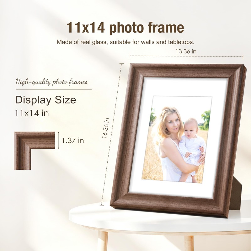 PEALSN 11x14 Picture Frame, Real Glass, Displays 8x10 Photo with