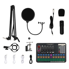 Podcast Equipment Bundle, Audio Interface with All-In-One DJ Mixer and Studio Broadcast Microphone, Recording Studio Equipment for Podcast, Streaming, Voice Over, Singing, PC