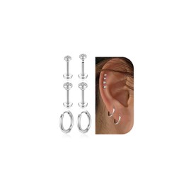 AccGin 3 Pairs Stainless Steel Earrings Sets, Lightweight and Small Huggie 14K Gold Plated Simple Hoop Earrings Flat Back Cubic Zirconia CZ Stud Earrings Cartilage Hypoallergenic Suitable Men or Women