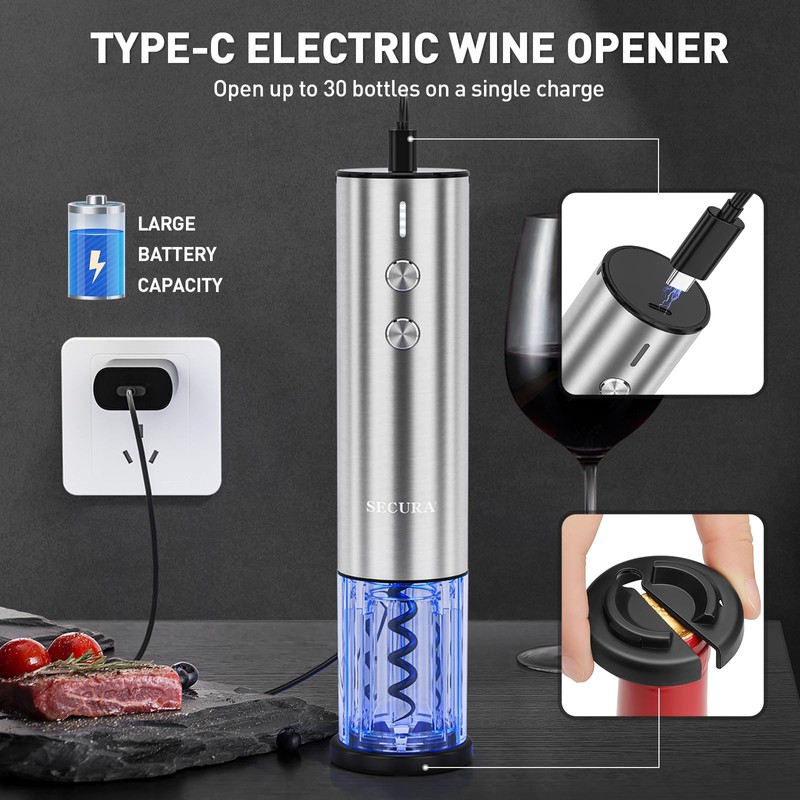 Secura Stainless Steel Electric Wine Opener, Rechargeable Automatic Home Wine