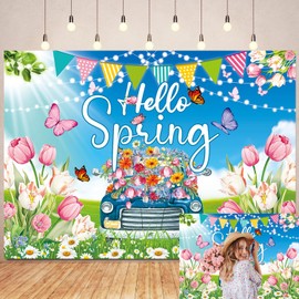 Spring Backdrop Easter Hello Spring Background Colorful Flower Butterfly Tulip Party Decor Banner Easter Holiday Party Supplies Home Indoor Outdoor Photo Prop (6x4FT)