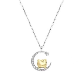 Wendalern Diamond Cat Necklace Sterling Silver Cute Cubic Zirconia Moon Kitten Pendant Necklace Funny Cartoon Animal Cat Necklace Chain Jewellery Gifts for Women Teenage Girls