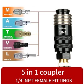 Yolass 5 In 1 Universal Quick Industrial Air Coupler, Air Hose Fittings, 1/4" Female NPT, Air Compressor Accessors Fitting (2 Piece)