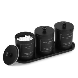 3 Pack Qtip Holder - Bathroom Organizers and Storage, Cotton Round Holder Cotton Swab Dispenser Cotton Ball Holder with Tray, Glass Apothecary Jars with Lids, Floss Pick Containers -black black