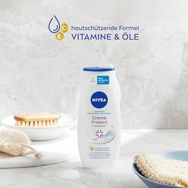 NIVEA Creme Protect & Dexpanthenol Pflegedusche, Duschgel mit Vitaminen und Ölen, seifenfreie Cremedusche mit Dexpanthenol für trockene und empfindliche Haut (250 ml)