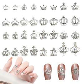 Nail Parts, Crown, Set of 30, Cute, 3D, 3D, Crown, Nail Parts, Silver, Glitter, Large, Crown, Nail Parts, Stone, Nail Art, Jewelry Parts, Resin Enclosed, Decorative Parts (Silver)