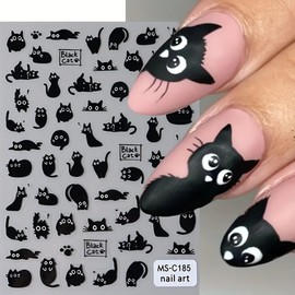 Black Cat Nail Art Stickers Decals 3D Cute Cat Nail Stickers 4PCS Kawaii Cartoon Animal Self-Adhesive Nail Decals Nail Art Supplies Cute Cartoon Manicure Sliders for Women Girls Nail Art Decorations