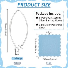 BENECREAT 10Pcs 925 Sterling Silver Earring Hooks, 30mm French Earwire Drop Flat Marquise Earring Hooks Earwire Connector with S925 Stamp for Earring Jewelry Making