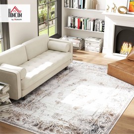 HOMCOM Machine Washable Area Rug, 6x9 Indoor Boho Rug, Non-Slip, Low Pile for Living Room, Bedroom, Dining Room, Kitchen, Home Office, Distressed Carpet for High Traffic Areas, Brown Floral