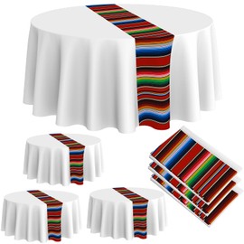 Oudain 3 Pcs Fiesta Tablecloth 84 Inch Plastic Tablecover Waterproof Mexican Round Tablecloth Striped Serape Tablecloth Table Cover for Taco Night Festive Carnival Party Wedding (White)