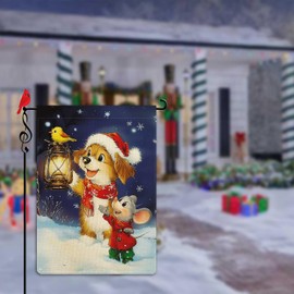 Lorugekyu Cute Puppy & Mouse Garden Flag - Winter Holiday Small Flag for Outside Xmas Decor - Farmhouse Burlap Double Sided Welcome Yard Lawn Decor - 12.5x18