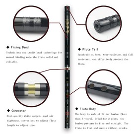 C Key Dizi Black Bitter Bamboo Flute Chen Qing Flute with Free Membrane & Glue & Protector Set Traditional Chinese Instrument (Key of C/Bitter Bamboo Black +Red)
